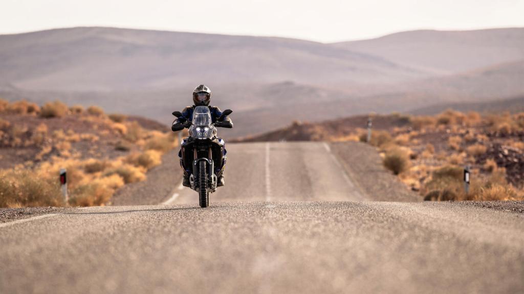 Yamaha tenere 700 World Raid Launching riding down a desert road