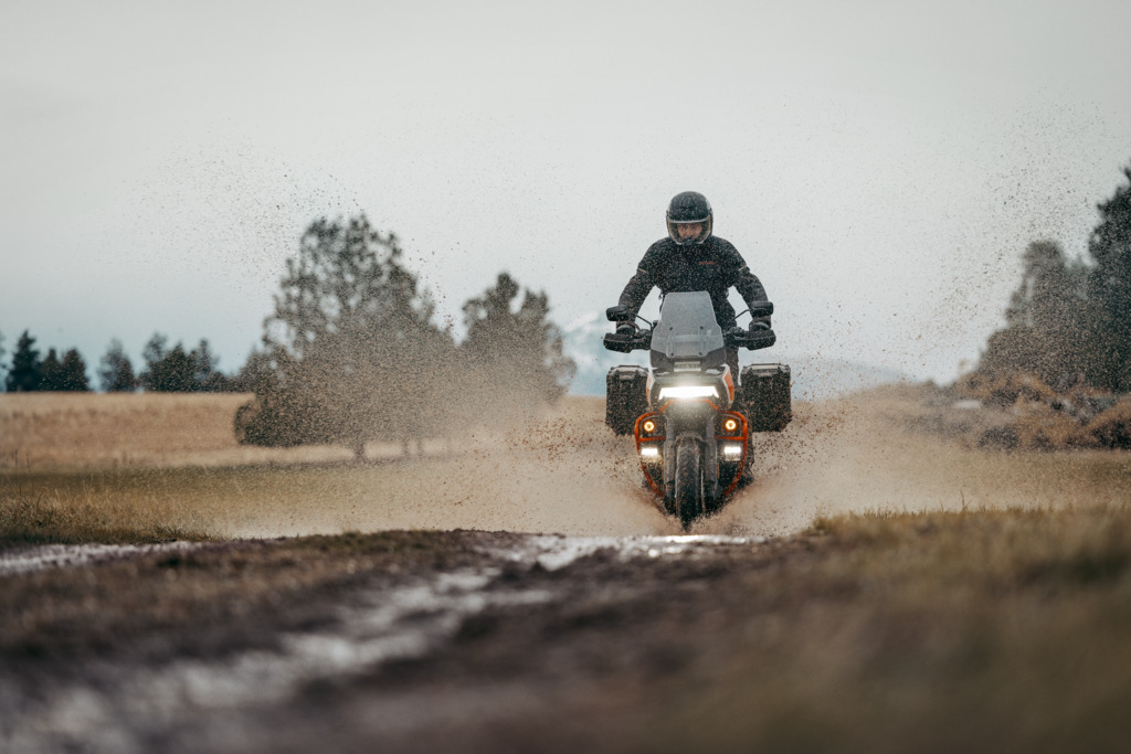 harley-davidson cvo pan America getting dirty splashing through mud