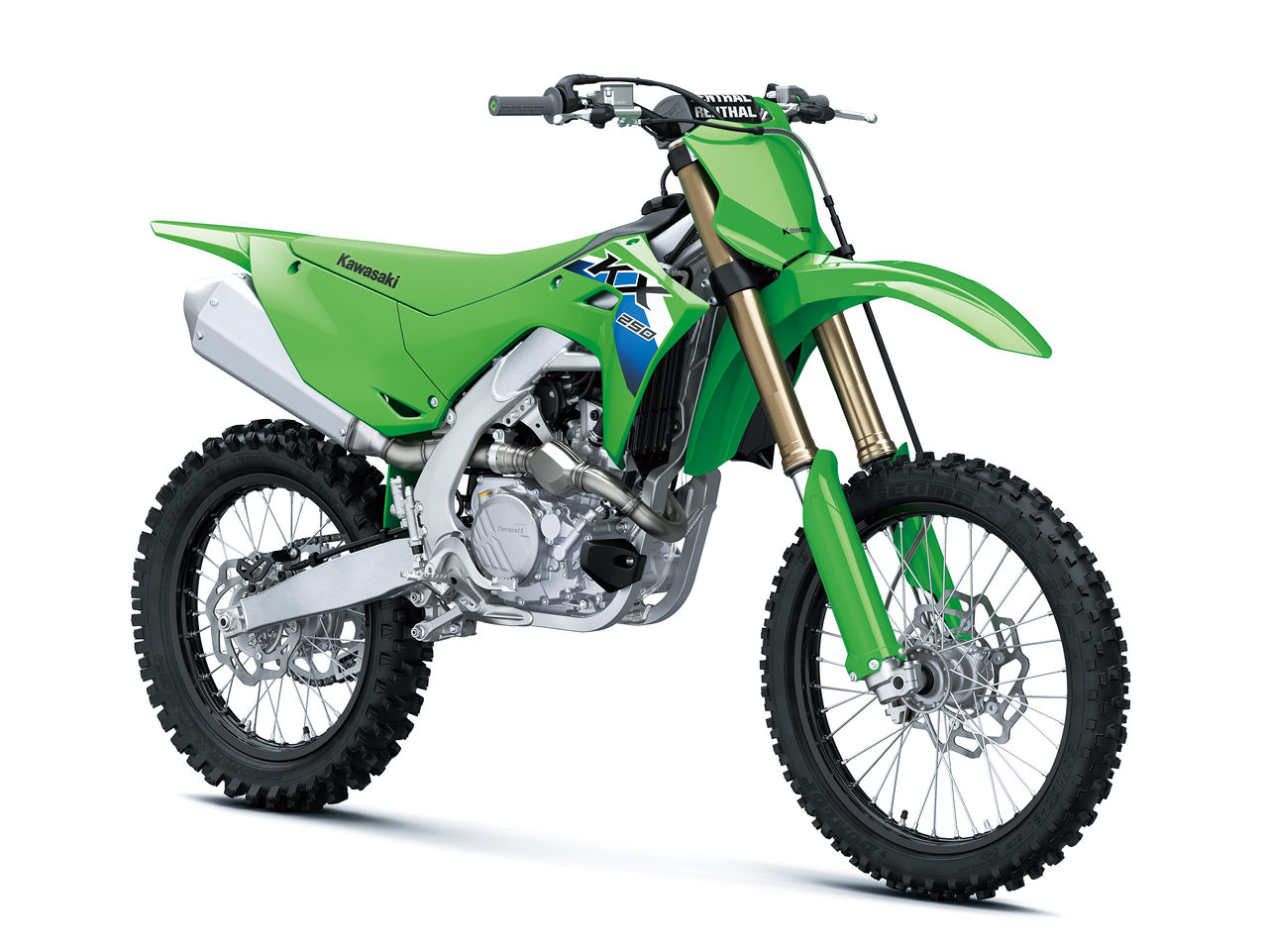 2026 Kawasaki KX250 motocross bike in lime green, front-side view.