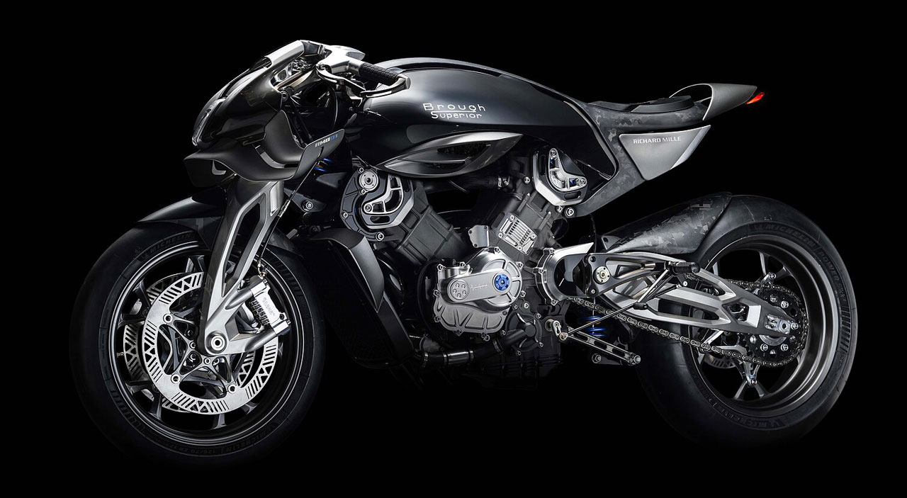 Brough Superior RMB01 motorcycle left three-quarter view, showcasing turbocharged V-twin and aerodynamic design.