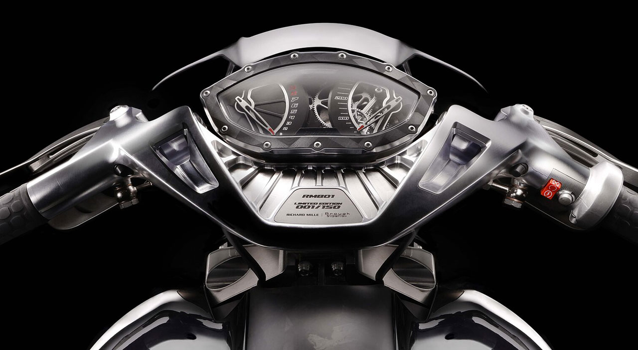 Close-up of Brough Superior RMB01 instrument cluster, designed by Richard Mille, featuring exposed mechanics.