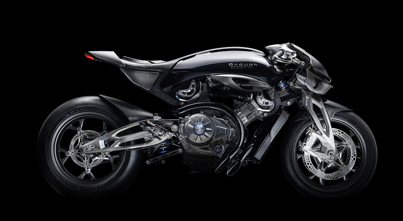 Brough Superior RMB01 motorcycle right-side profile, highlighting carbon fibre components and premium detailing.