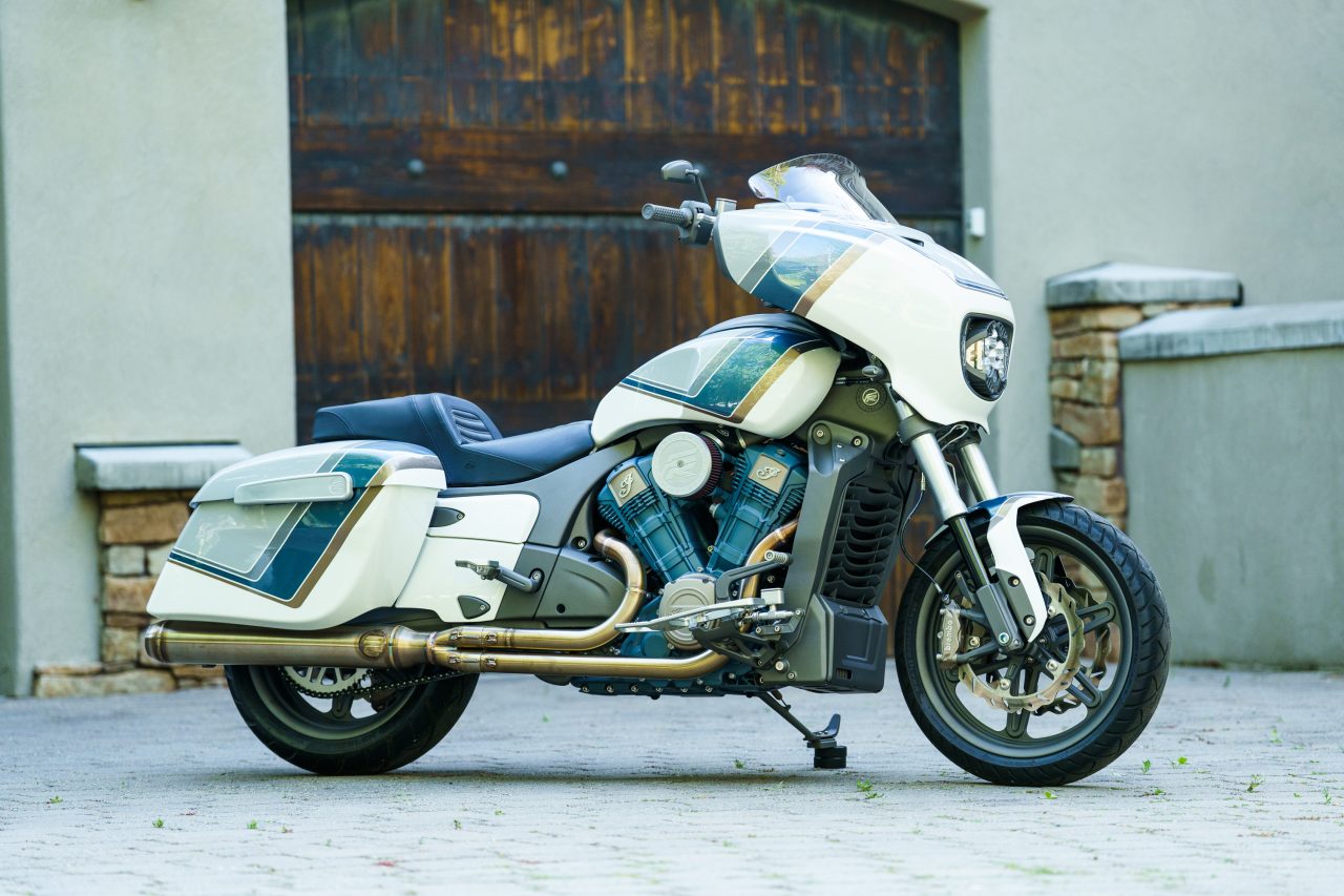 Right-side profile of the custom Chieftain PowerPlus with upgraded exhaust and suspension.