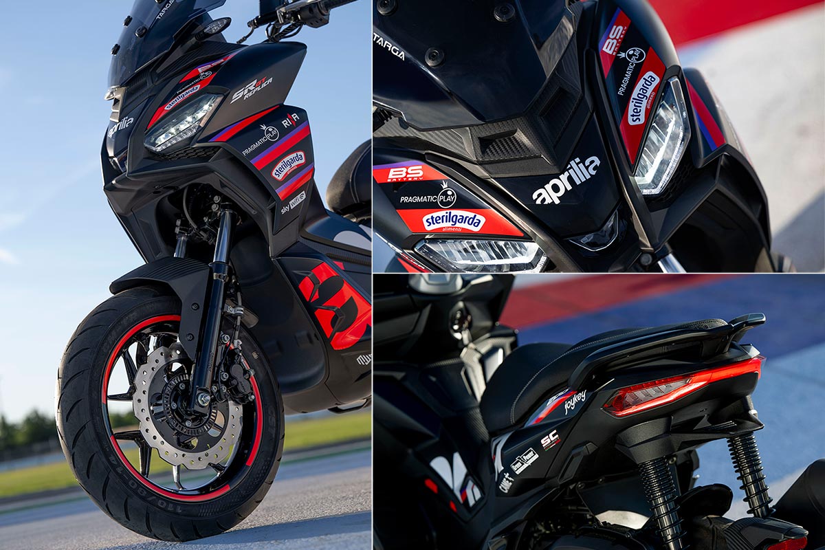 Aprilia SR GT Replica 2025 collage with front suspension, headlights, and rear taillight