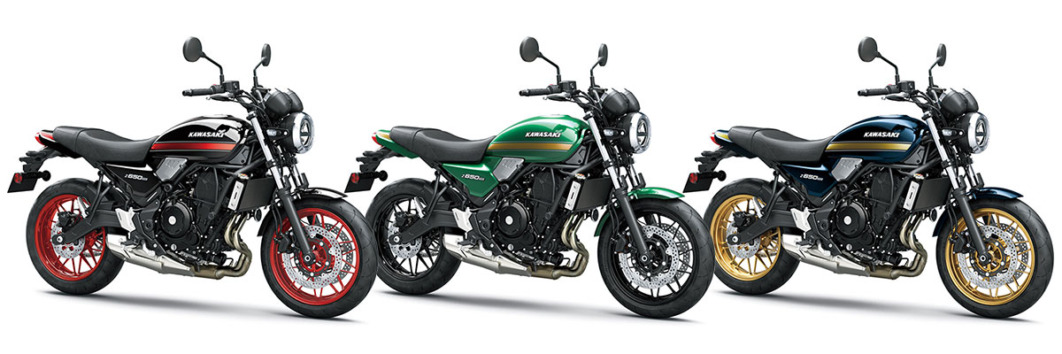 Three Kawasaki Z650RS motorcycles in new 2026 colours: red, green, and blue.