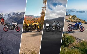 Collage of Ducati Multistrada V4 motorcycles in different colors set in various natural landscapes