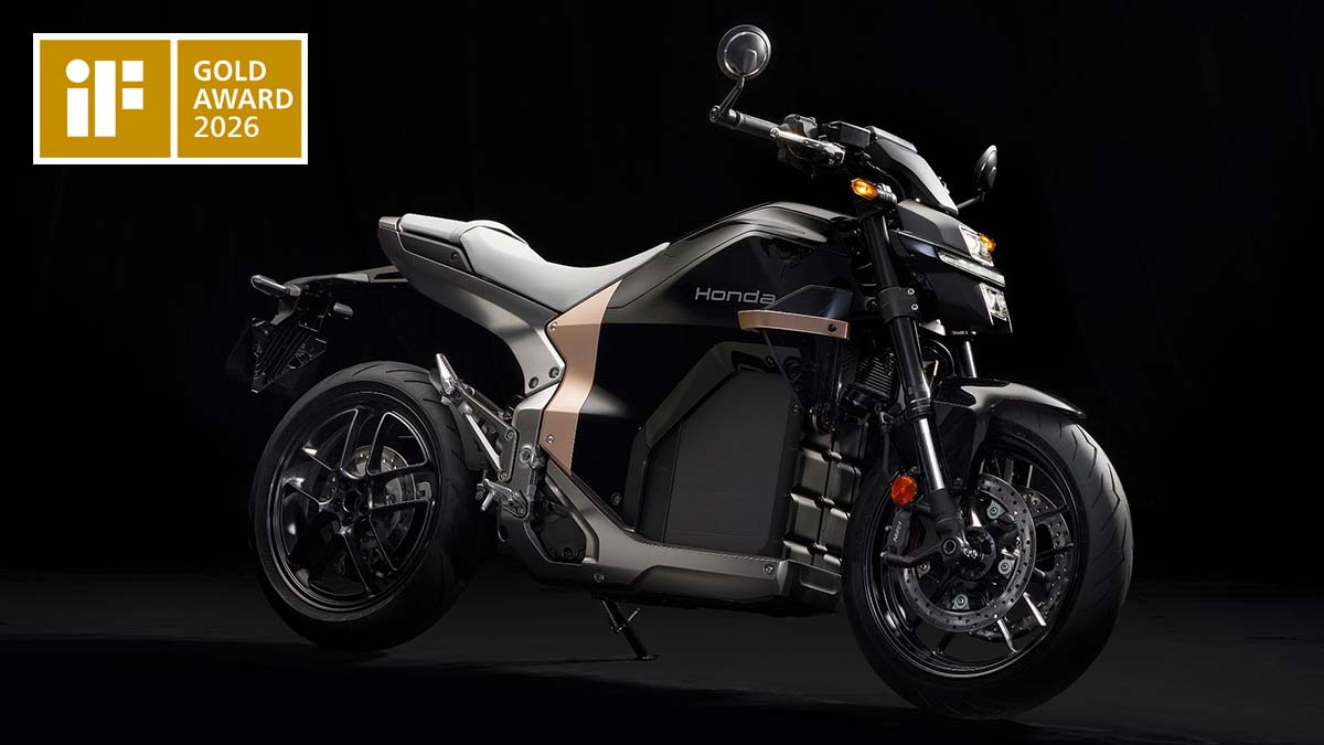 Honda WN7 electric motorcycle 3/4 front right on black background